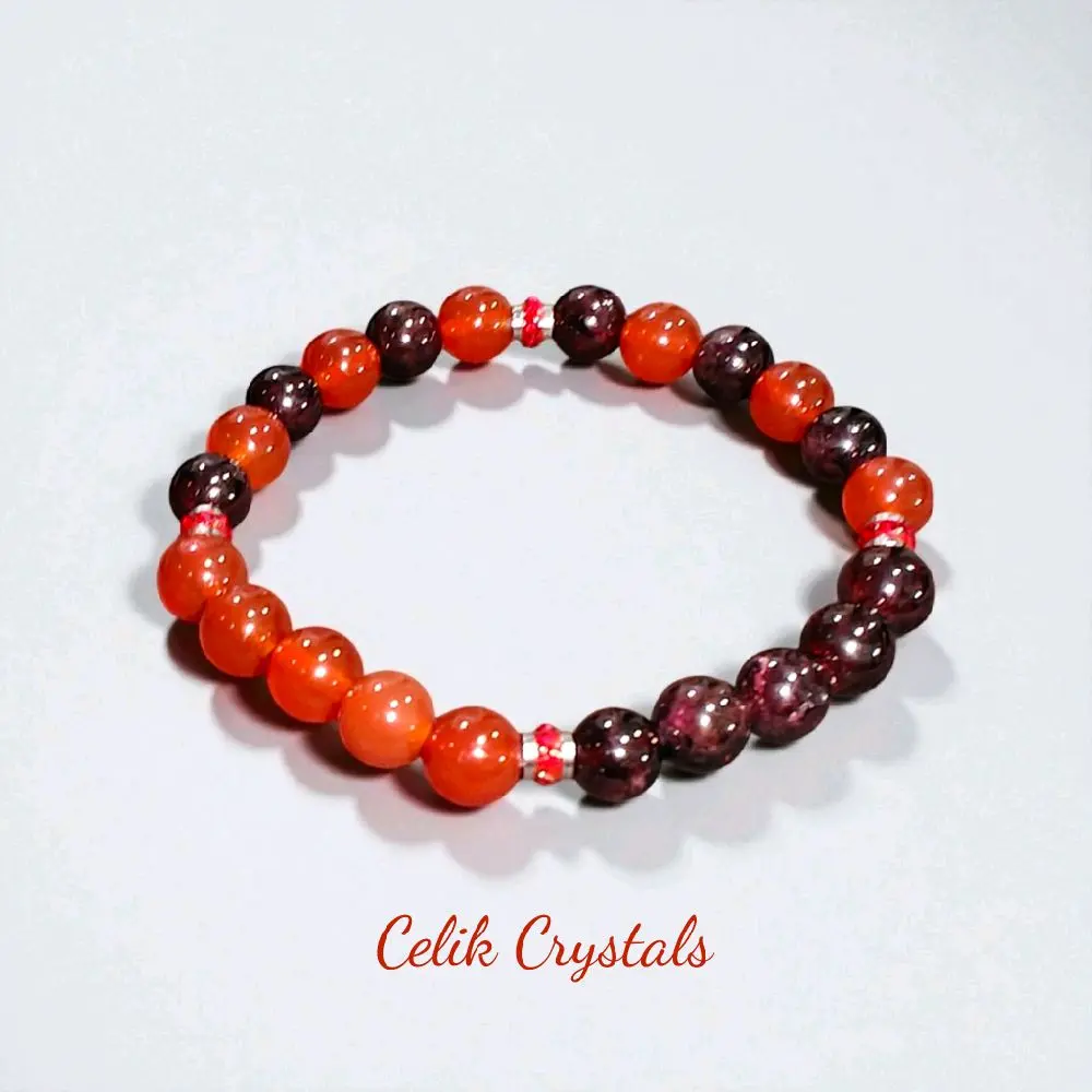 Unisex Natural Garnet Carnelian Crystal Bracelet - 8mm Stretch Design, Stainless Steel Cubic Zirconia Spacers, Healing Natural Stone Jewelry, Carnelian Bracelet