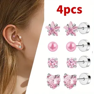 4PCS Elegant Women Exquisite Shiny Star Cubic Zirconia Earrings Sparkling Pink Heart Ear Stud Fashion Women Bohemian Party Wedding Engagement Anniversary Earrings Jewelry