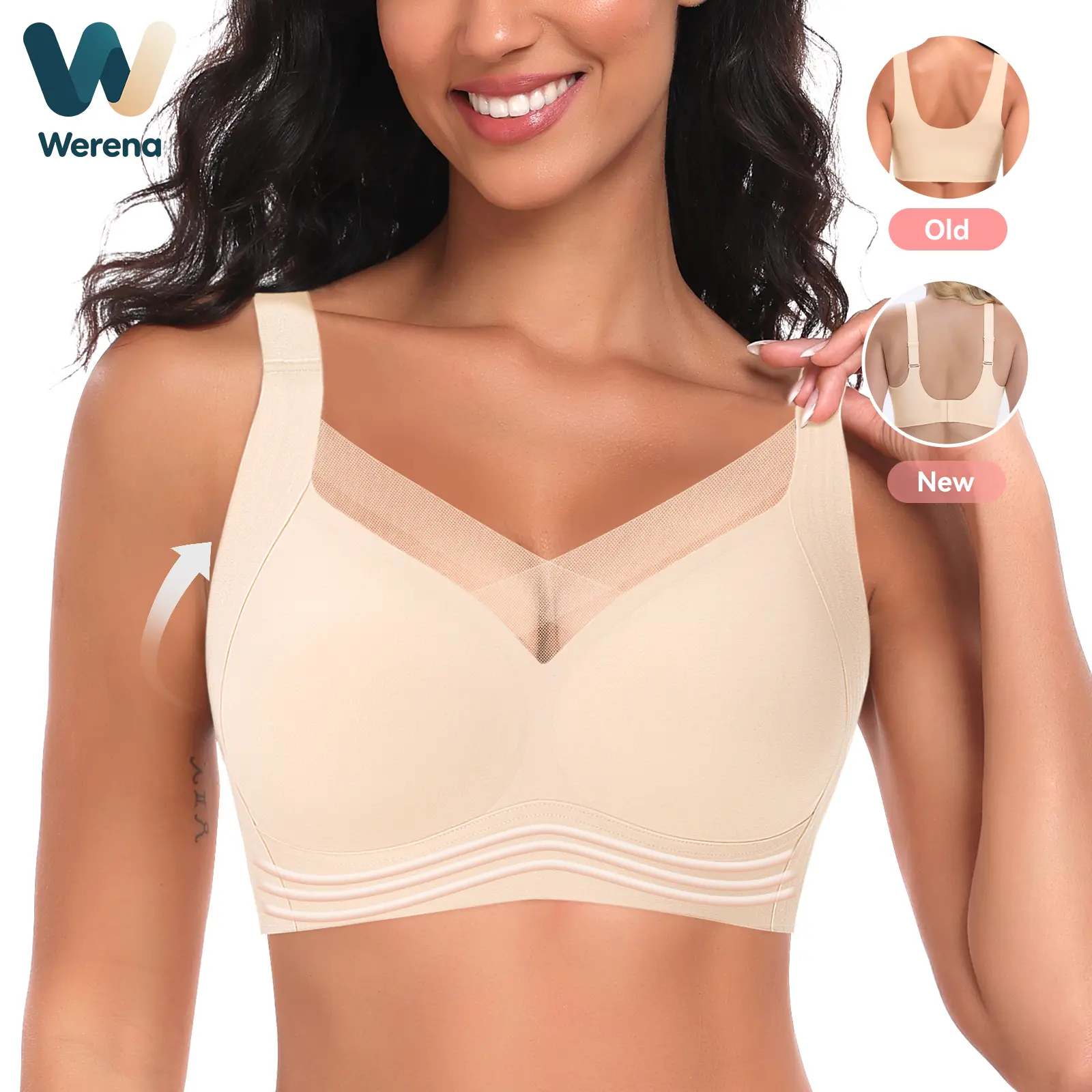 Werena V-Neck Mesh Bras for Women Back Smoothing No Underwire Seamless Push Up Bra Everyday Comfort Minimizer Bras with Wide Straps & Fixed Pads