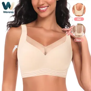 Werena V-Neck Mesh Bras for Women Back Smoothing No Underwire Seamless Push Up Bra Everyday Comfort Minimizer Bras with Wide Straps & Fixed Pads