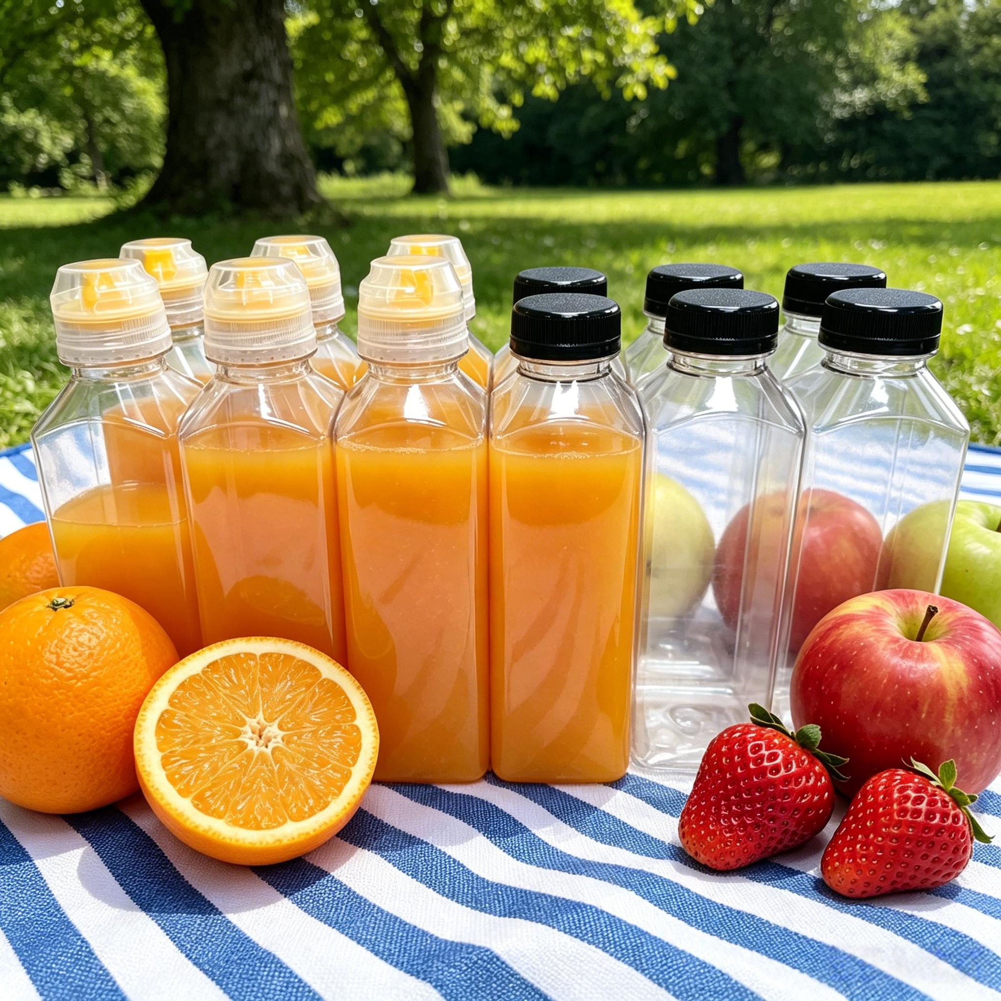 12-Pack Large-Capacity Refillable Square Plastic Storage Bottles & Canisters Set, 16oz BPA-Free with Leakproof Screw Lids, Transparent Flexible Squeeze Tubes, Silicone Spouts, Dual Canister Brush for Juicing, Homemade Drinks