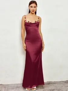 Parthea Backless Floral Embroidery Appliques Satin Ruched  Cami Long Dress,Women Formal & Evening Cocktail Dress