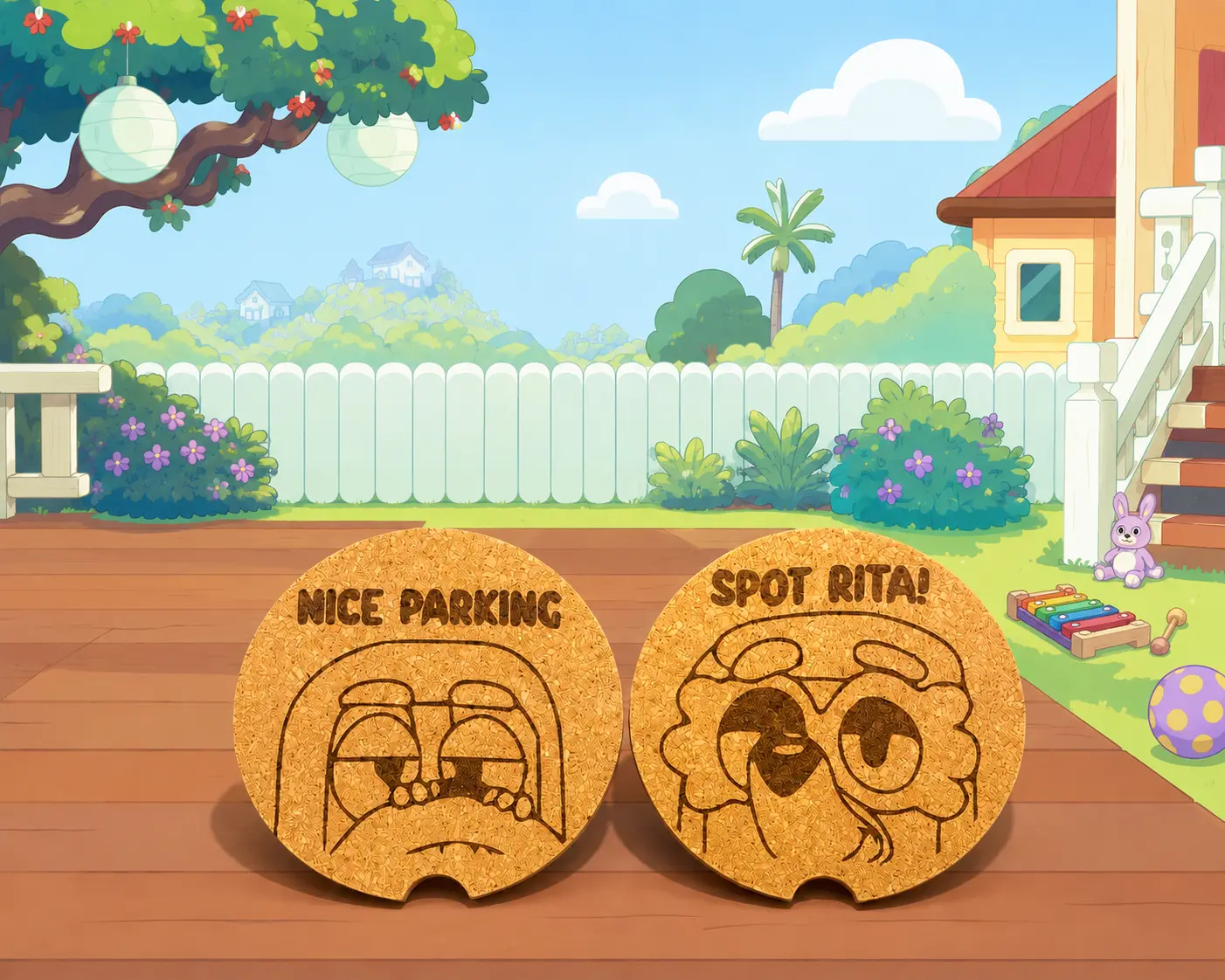 Bluey Inspired Cork Car Coasters | Laser Engraved Auto Cup Holder Coasters | Cute Cartoon Inspired Car Accessory Set