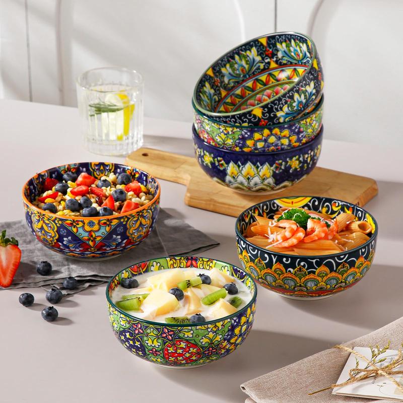 Cereal Bowls Set of 6, Bohemian Ceramic Soup Bowls, 28 oz Colorful Bowls Set for Kitchen, Dishwasher & Microwave Safe for Salad, Pasta, Rice, Oatmeal, Fruit