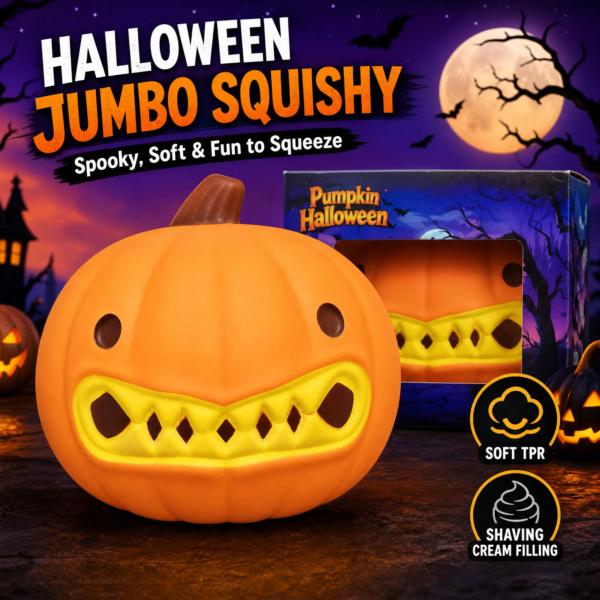 Jumbo Pumpkin Face Squishy - Giant TPR Shaving Cream Filled Soft Stress Relief Sensory Play Toy for Kids & Adults