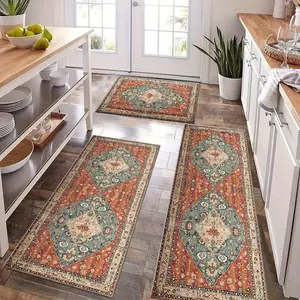 A 3pcs Set of Washable Bohemian Kitchen Rugs, Suitable for Kitchen, Hallway, Living Room, and Laundry Room, Featuring Long Runner Rugs, Entrance Floor Rubber Mats, Printed Living Room Carpets, Outdoor Decorative Rugs