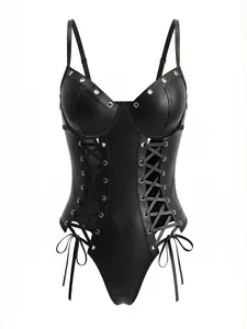SHANIAH Women's Sexy Punk PU Lace-Up Teddy Bodysuit, Biker Jacket Inspired Lace-Up Design, Trendy Night Out Fashion, Summer Goth Clothes