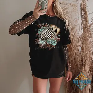 Womens western ace of spades shirt featuring a trendy checkered spade graphic with turquoise rose accents for a comfortable casual Fashion Graphic Style Top. women tees