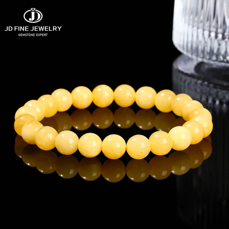 JD  Natural Stone Yellow Jade Round Beaded Bracelet Women Men Fashion Jewerly Stretch Bangles Reiki Healing Jewerly