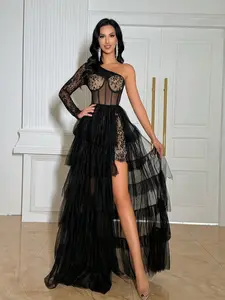Black One-Shoulder Lace Tulle Evening Gown | High Slit Prom Dress for Party & Prom