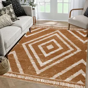 Boho Area Rugs Non Slip, Brown Washable Rug for Living Room, Soft Bedroom Carpet, Low Pile Moroccan Area Floor Carpets for Dining Room Kids Nursery Farmhouse