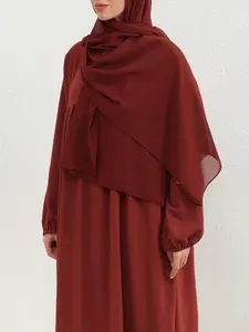 FY7712（1-Piece Burgundy Crinkle Abaya , Casual Modest Muslim Prayer Dress）