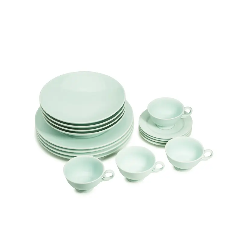 Yoopins Celadon Glazed Porcelain Dinnerware Set, 16 Pieces, 4 Coffee/Tea Cups 6 oz & 4 Saucers & 4 Soup/Salad Bowls 9" & 4 Wide Rim Dinner Plates 10 3/4", Service for 4, Light Blue-Green Color