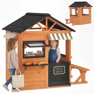 Qaba Outdoor Playhouse, Wooden Kids Playhouse with Play Kitchen and Picnic Bench, Kids Cottage with Serving Station, Windows and Door for Backyard, Indoor Playroom Imaginative Play, Ages 3–8, Brown