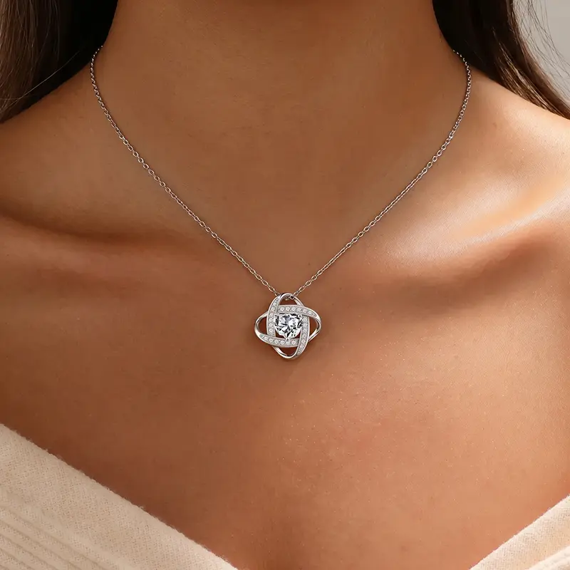 Elegant Love Knot Necklace with Heart Crystal | Romantic Jewelry Gift for Daughter Mom Soulmate | Sterling Silver Plated Inseparable Knot Pendant for Birthday Christmas