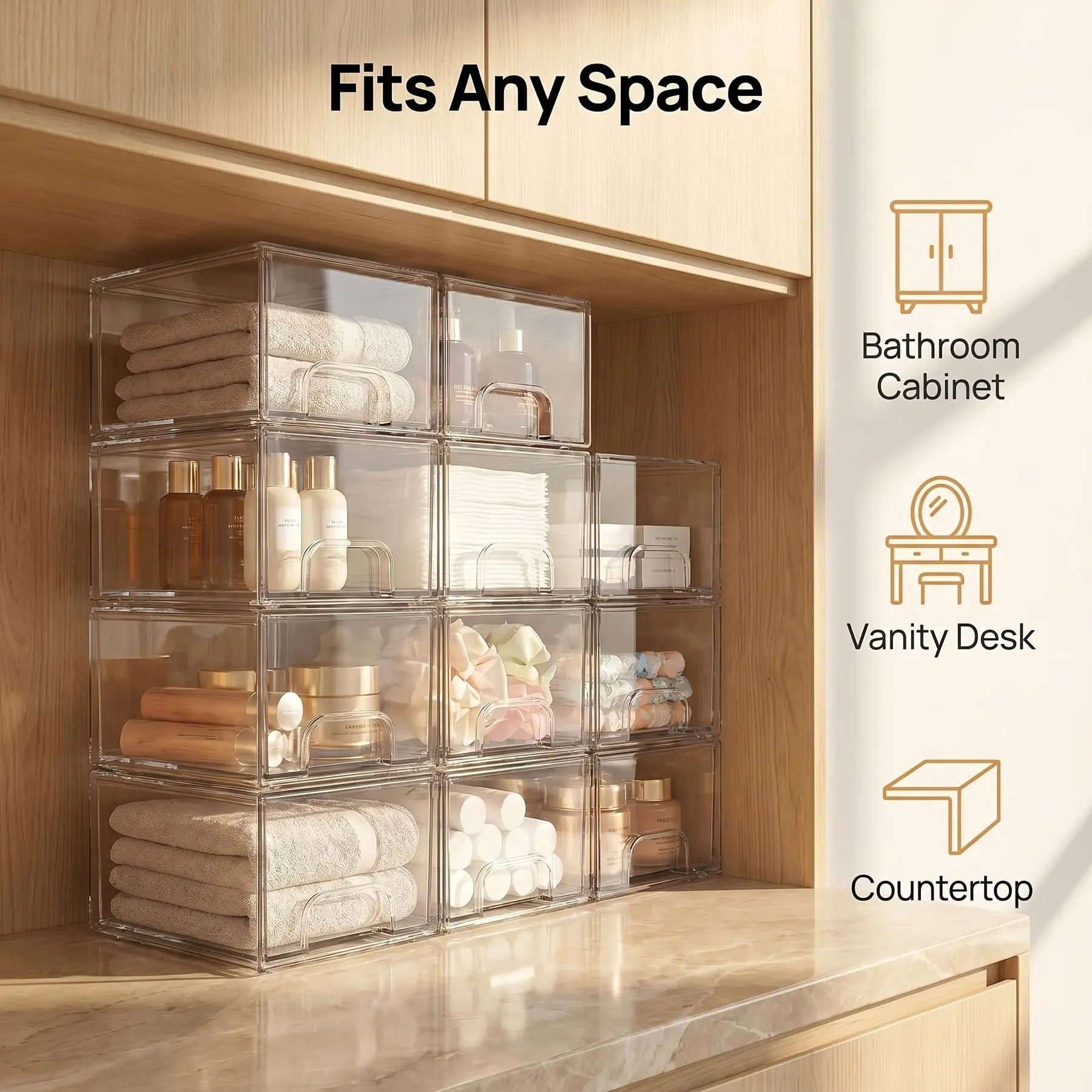 8-Pack Transparent Acrylic Plastic Bathroom Storage Organizer with Stackable Drawers/Bins (7.5"D x 6"W x 4.4"H) - Silicone Grip Containers for Vanity, Kitchen Beauty Storage Solutions