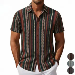 KZZ New Summer Collection Men's Ethnic-Inspired Striped Shirt Casual Lace-Up Openwork Blouse Menswear Top