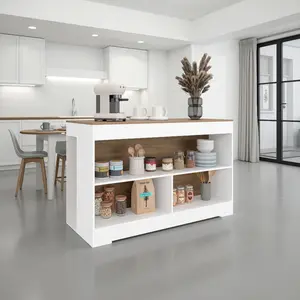 Makoti Kitchen Island 34" 3 Spacious Open Shelves White/ Natural Oak