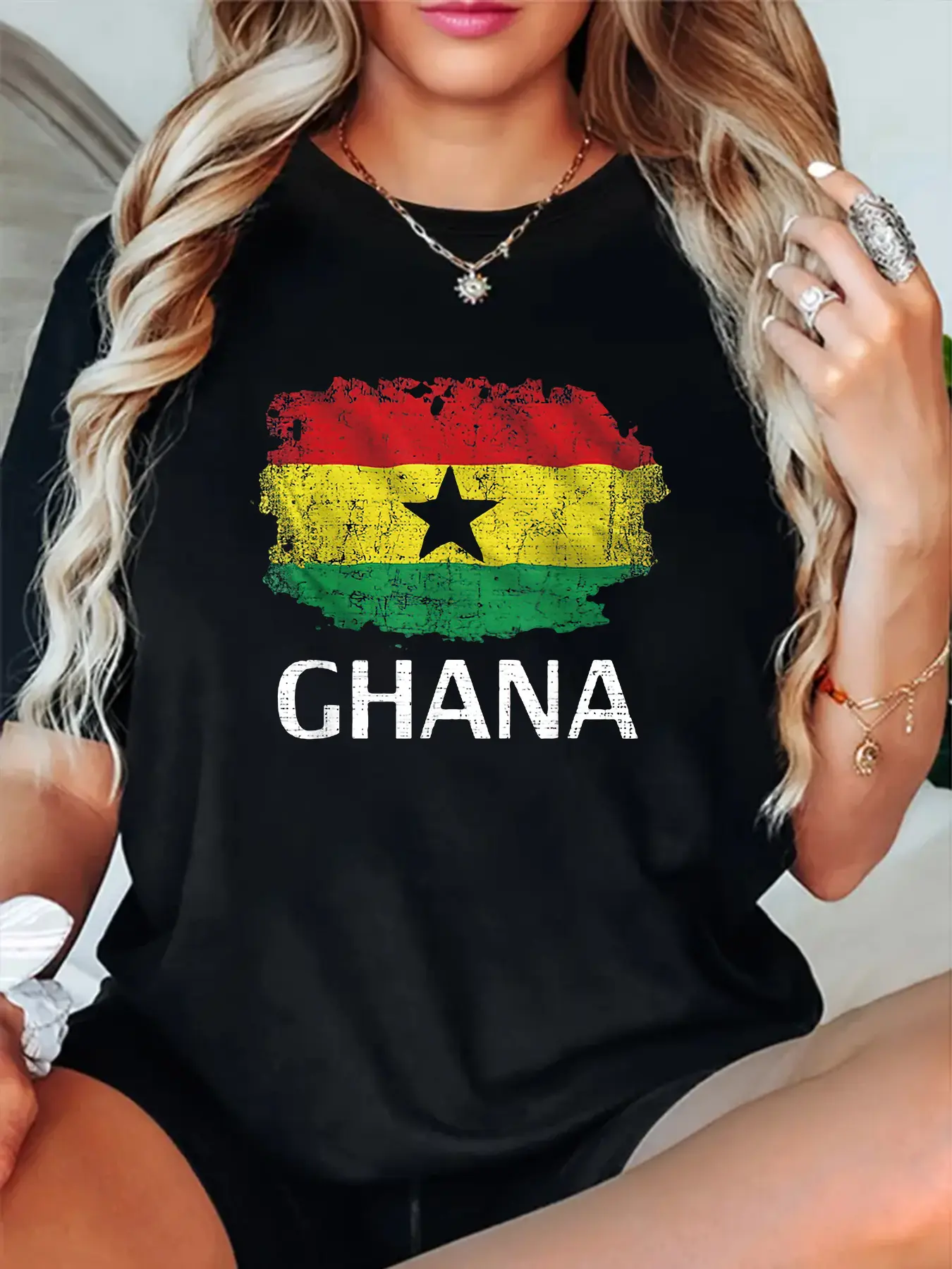 100% Cotton Unisex Ghana Flag Print Crew Neck T-Shirt, Women Graphic T Shirts, Casual Short Sleeve T-Shirt for All Seasons, Women's Clothing