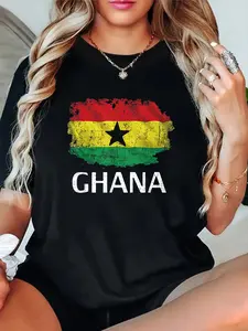 100% Cotton Unisex Ghana Flag Print Crew Neck T-Shirt, Women Graphic T Shirts, Casual Short Sleeve T-Shirt for All Seasons, Women's Clothing