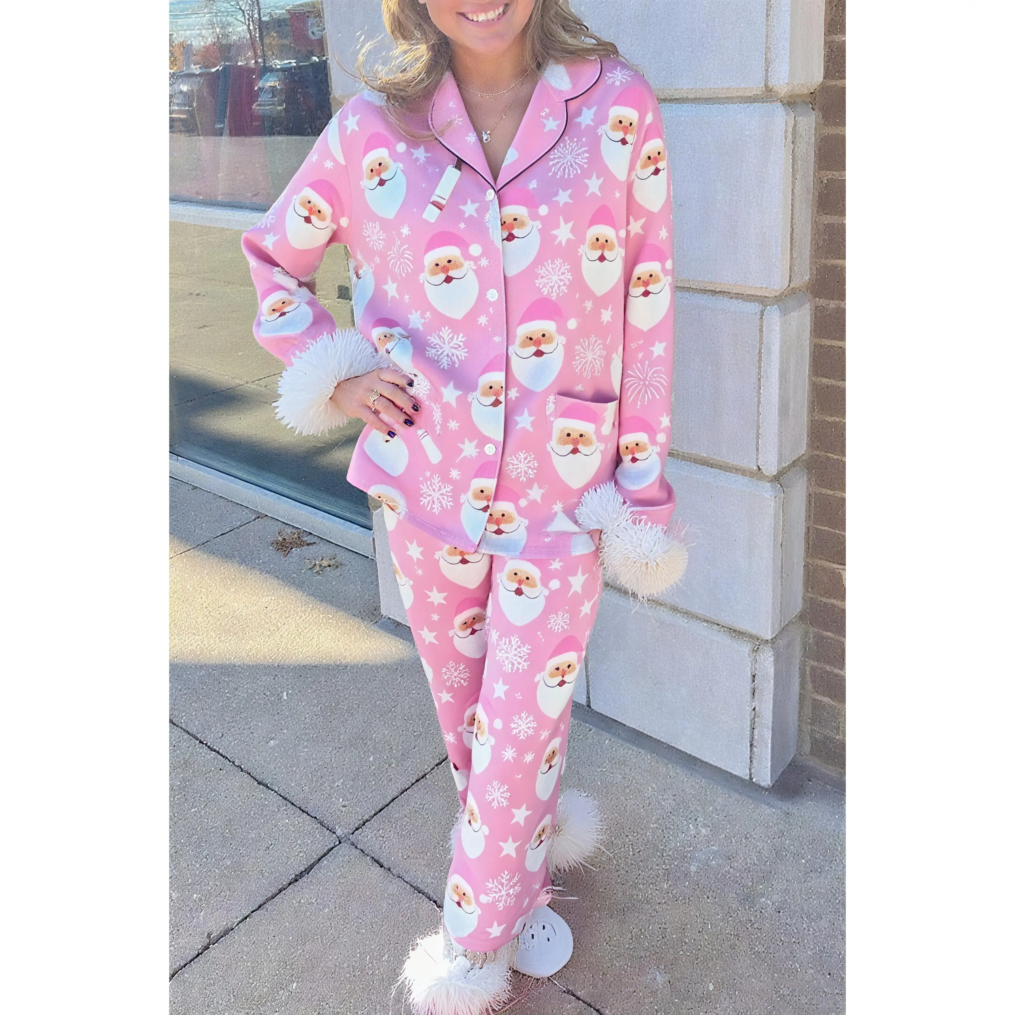 Womens Christmas Pajamas Sets Print Furry Trim Button Up Long Sleeve Lapel V Neck Tops and Pants Lounge Wear 2 Pcs Set