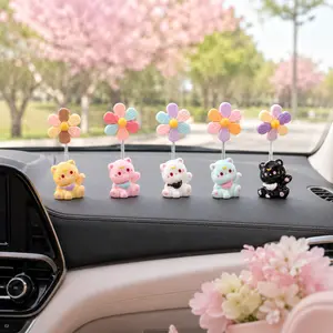 Dashboard Decor Rear View Mirror Car Accessories, Set of 5 Mini Cats and Flowers Cute Decorations Interior, Computer Figurines for Women Girl