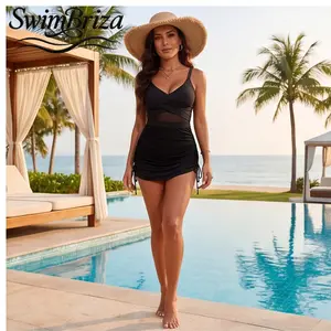 Briza｜Women's Vacation Resort Swimwear Black Mesh Asymmetric Bandeau Bikini Two Piece Swimsuit High Waisted Bathing Suit with Push Up Support and Cover Up for Beach Pool Summer Cruise Fancy Glam, Women's Swimwear, Bathing Suit for Women