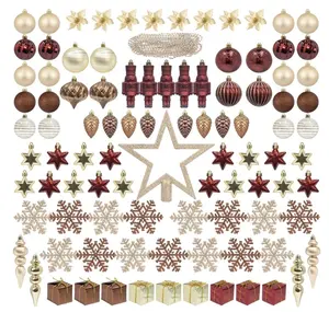 101pcs Christmas Tree Ornaments Assortment Burgundy Brown Champagne Gold Including Star Tree Topper Balls Nutcracker Figurines Snowflakes