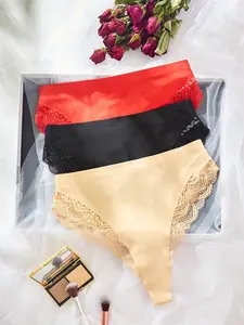 3pcs Solid Color Lace Splicing Triangle Panties Lingerie