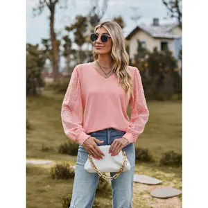Swiss Dot V-Neck Long Sleeve Blouse