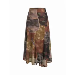Cider Mesh Mid Rise Abstract Graphic Floral Asymmetrical Hem Maxi Skirt