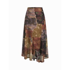 Cider Mesh Mid Rise Abstract Graphic Floral Asymmetrical Hem Maxi Skirt