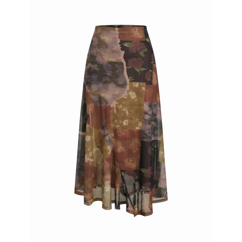 Cider Mesh Mid Rise Abstract Graphic Floral Asymmetrical Hem Maxi Skirt