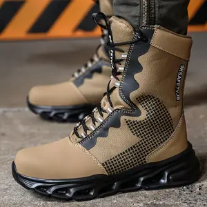 1 Pair of Men'S Tactical Combat Boots, Steel Toe Work Shoes, Anti-Puncture Safety Shoes, Windproof Abrasion-Resistant, High-Top Lace-Up, Fabric Upper, Faux Sole, Universal Fit