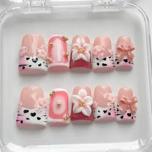 Short Pink French Tip Press On Nails – Handmade 3D Duck Shape Fake Nails, Reusable ABS Material with Bow, Flower, Cow Print Designs, Glossy Thick Acrylic Glue-On Nails for Women (Size M, Pink)