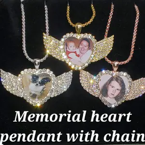 Personalized front Heart Photo Memorial Wing Necklace with Rhinestone Pendant and Free 24-inch Chain day gift unique jewelry