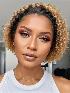 1B/27 Color Women's Short Curly Wave Human Hair Wig , 13x1 Lace Front Human Hair Highlights, Daily Casual Party Halloween Christmas Wig, 150% Density