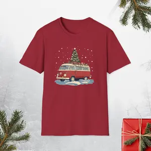 Christmas Van Life Unisex Softstyle T-Shirt, Retro Camper Tee, Holiday Adventure Shirt, Festive Van Christmas Tree Top, Holiday Getaway Tshirt Shortsleeve