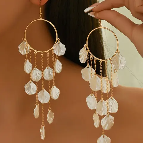 Women's Dangle Earrings, Dangling Earrings, Trendy Jewelry, Vintage Summer Ocean Style, Geometric Design, Unique Geometric Shape, Faux Shell Material, Perfect Gift for Parties & Weddings, Long Tassel, Ocean Vibes Dangles