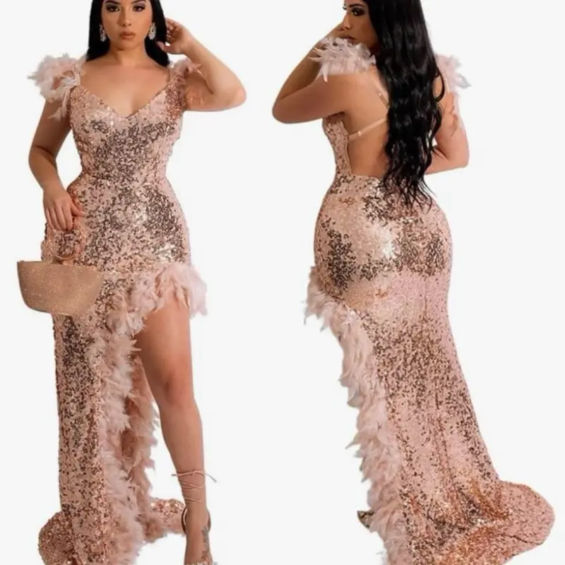Sequin Backless Bodycon Maxi Dress with Feather Trim - Elegant Evening Gown for Special Occasions - TikTok Shop Sequin Backless Bodycon Maxi Dress with Feather Trim - Elegant Evening Gown for Special Occasions - TikTok Shop