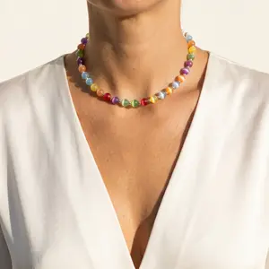 Dopamine Necklace - Rainbow Beaded Choker - UV Reactive Necklace Waterproof - Summer Jewelry Stainless Steel, Stackable-YY0