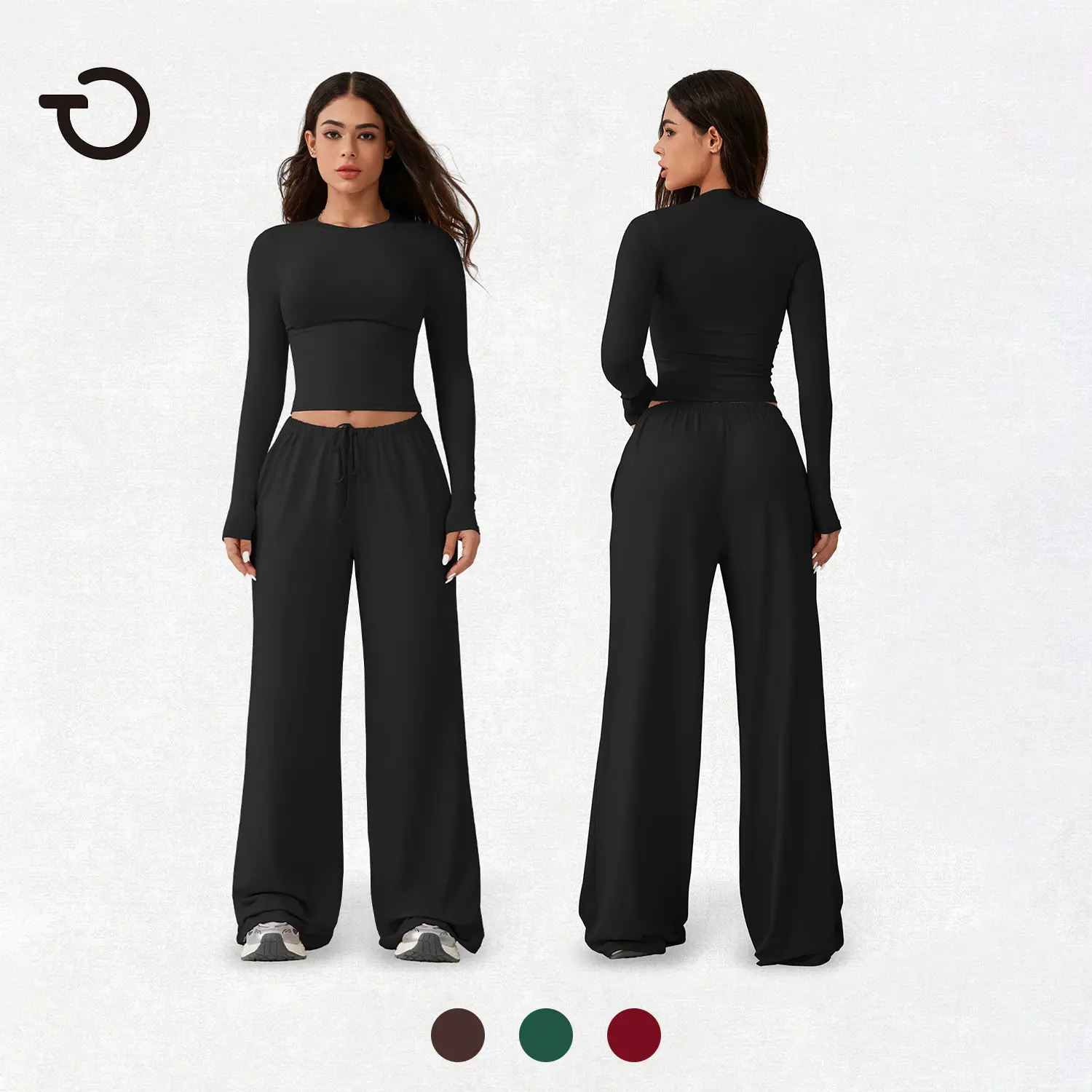 TimeOFF Women's 2-Piece Activewear Set Long-Sleeve Crop Top & Wide-Leg Pants Stretchy Fabric for Yoga Leisure Daily Active Scenarios Workout Running Clothes,summervibes, Outfits Inspo, Streetwear Outfits, Two Piece Set, Gym Workout Women summerwins,summer