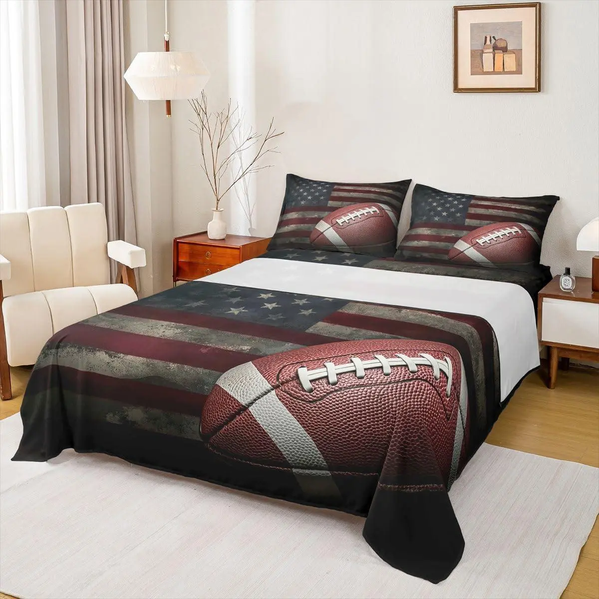 American Flag Bed Sheets,Boys Football Fitted Sheet-Deep Pocket,Soccer Sports Games Sheet Set,United States Federations Stars Stripes Flat Sheet For Kids Teens Adult Bedroom Decor( )
