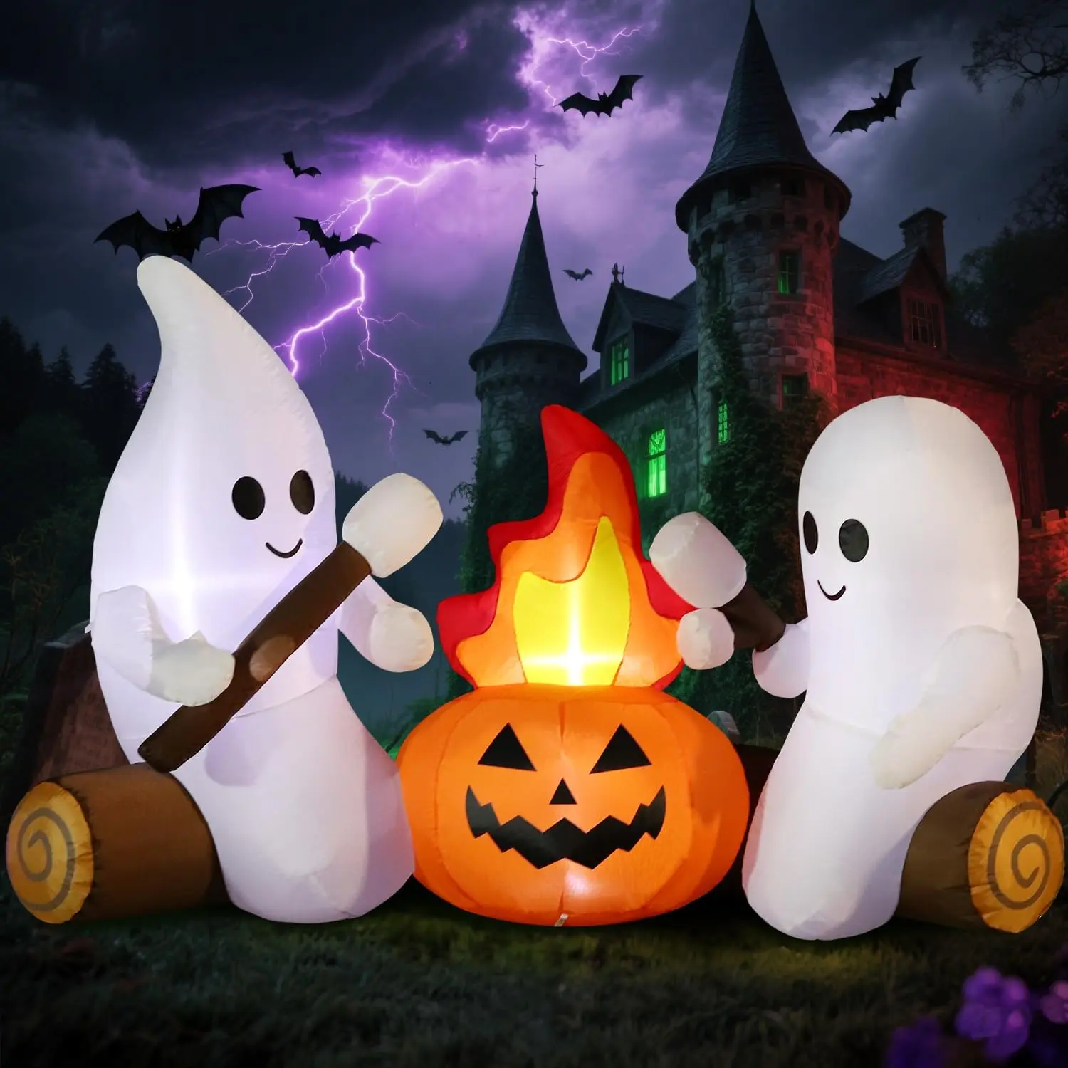 DomKom 6FT Halloween Inflatable Blow Up Decorations, Cute Ghosts Roasting Marshmallows Over Campfire, Built-in LEDs for Holiday Party, Garden, Lawn, Yard, Patio Décorspooky season decor, spooky yard decor, halloween yard decor, halloween gift for him and