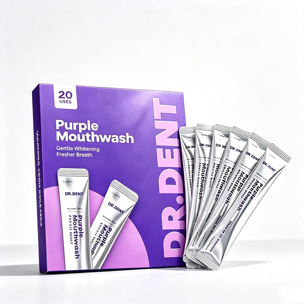 DR.DENT Purple Alcohol-Free Fresh Mint Mouthwash Sachets, 20-Pack Disposable Oral Rinse, Gentle Teeth Whitening Portable Travel Oral Care for Long-Lasting Fresh Breath
