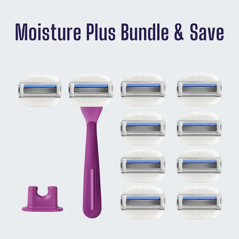 Moisture Plus Bundle and Save - Flamingo Moisture Plus Razor Set with 10 Blade Cartridges & Moisture Bars for Close Shave Comfortable Handle Stainless Steel Blades Body Care and 1 shower holder