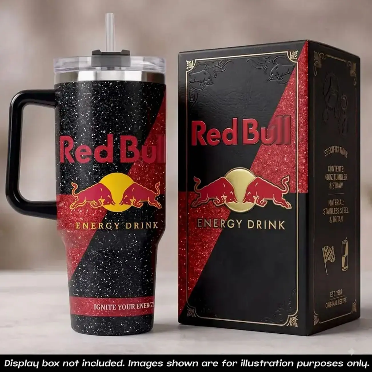 Red Bull 40oz Tumbler with Handle and Straw, Energy Drink Ignite Your Energy EST 1987 Travel Mug, Fighting Bulls Black Red Glitter Sparkle Stainless Steel Vacuum Insulated Coffee Cup, RB F1 Racing Fan Drinkware, Energy Drink Lover Gifts