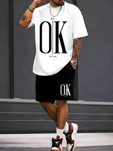 Men's Summer Casual 3D Letter Set, Lightweight Polyester, Round Neck, Short Sleeve Shorts, Dynamic Color Design