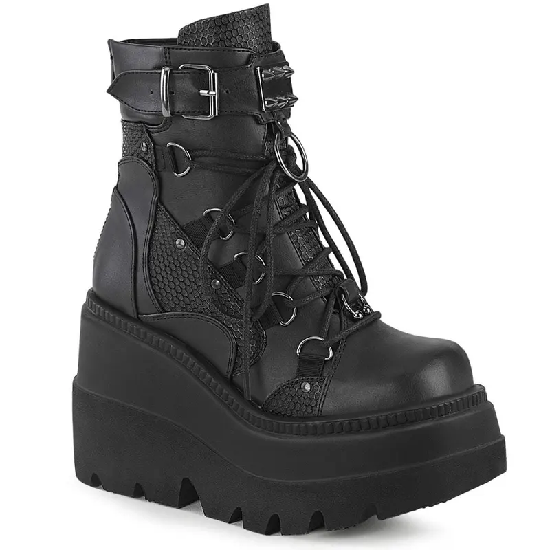 Demonia Shaker-60 Black Vegan Leather Ankle Boots