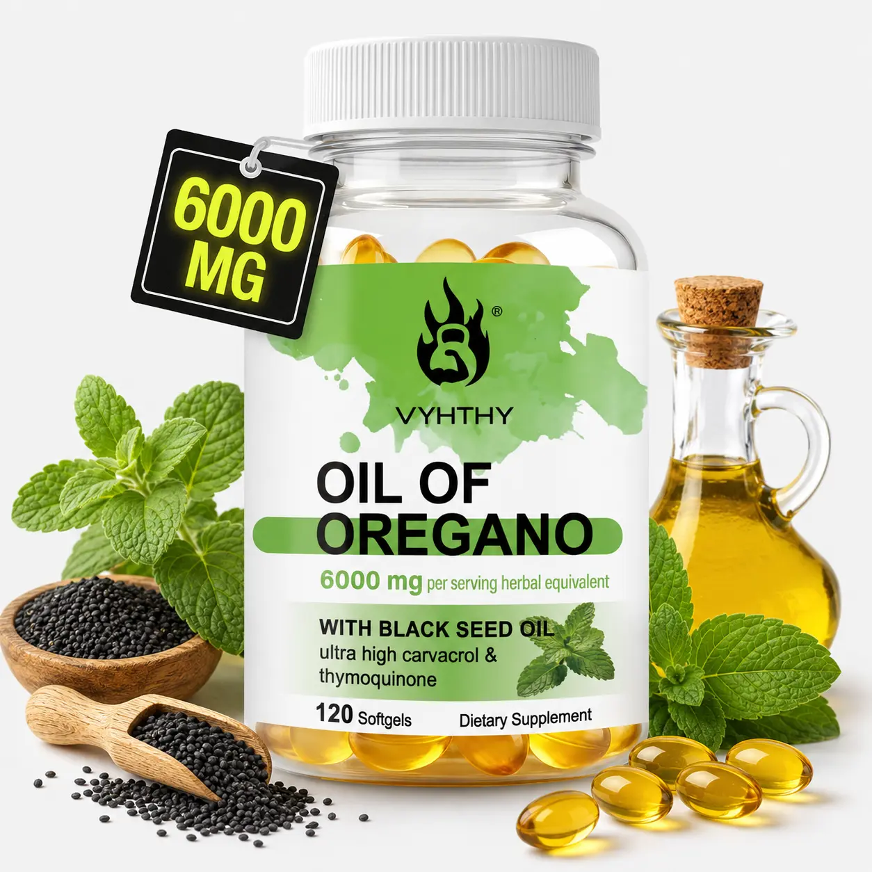 VYHTHY Oil of Oregano with Black Seed Oil 6000mg Dietary Herbal Supplement - High Potency Carvacrol & Thymoquinone Complex - Immune Support, Daily Digestive Wellness Capsules, Non-GMO Smooth Softgels, Herbal Supplements Digestive Wellness Supplement Capsu